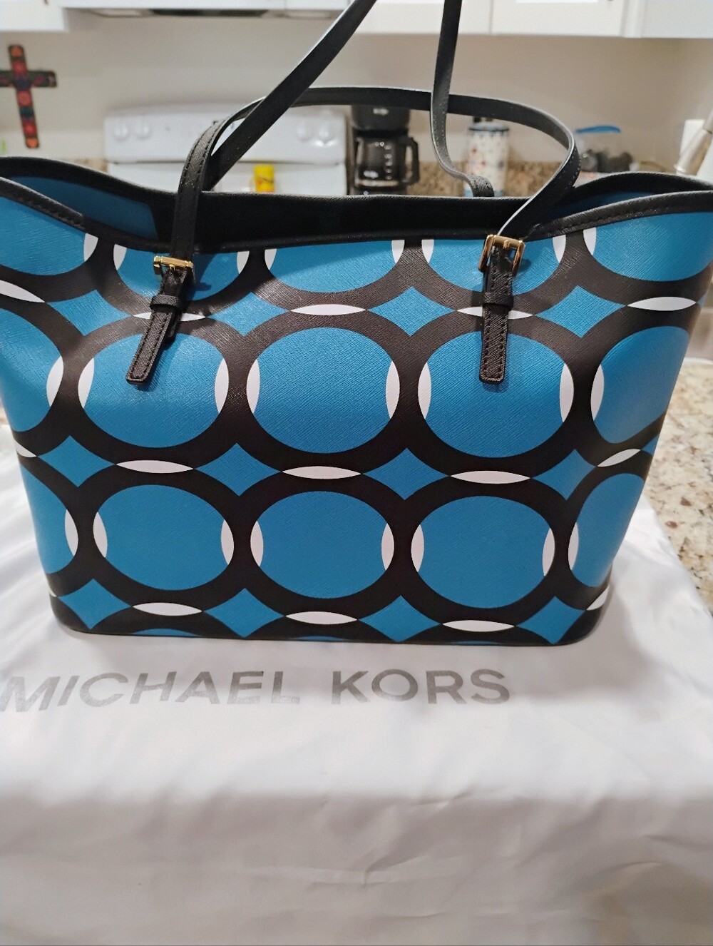 Michael Kors Blue Circle-Print Tote with Black Straps and Gold Charm - Picture 3 of 6